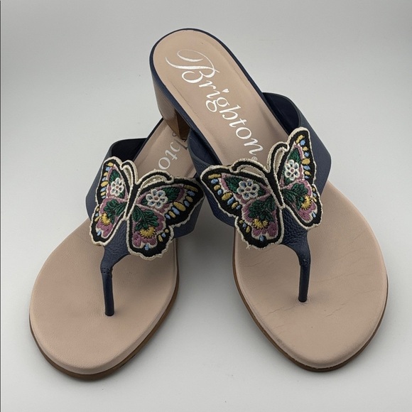 Brighton sandals blue pink yellow butterfly embellished leather block heel 7.5 M - Picture 2 of 10